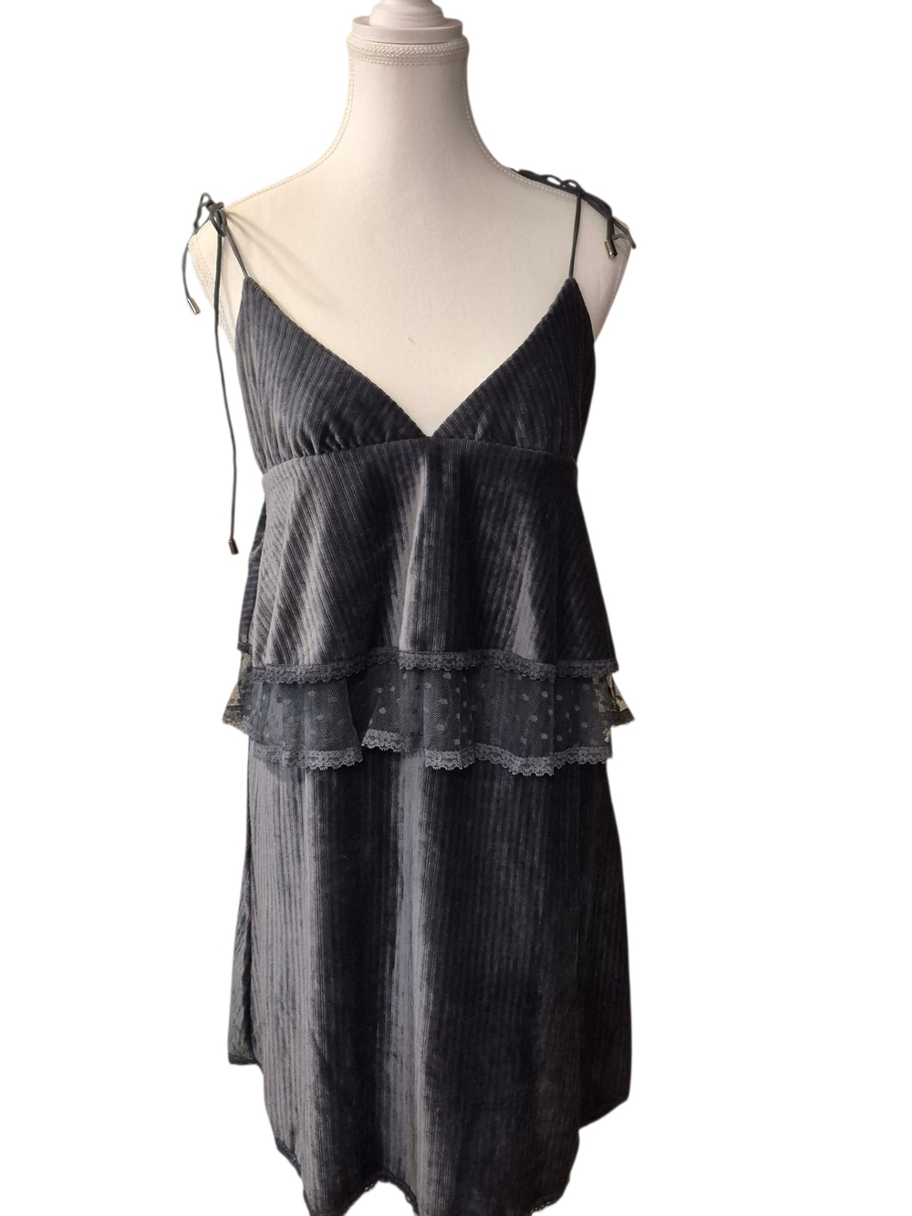POL Charcoal Gray Velvet Tiered Mini Dress with Lace Accents